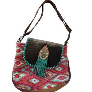 Myra Bag Kilim Crossbody Southwest Hair on Hide Leather Fringe Small Boho Bag